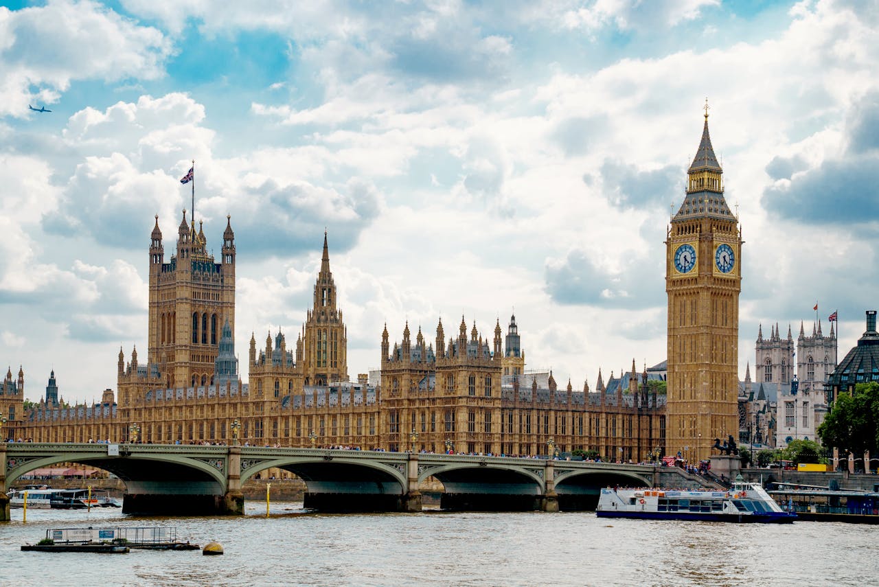 Stunning view of London's Big Ben and Houses of Parliament from the River Thames.